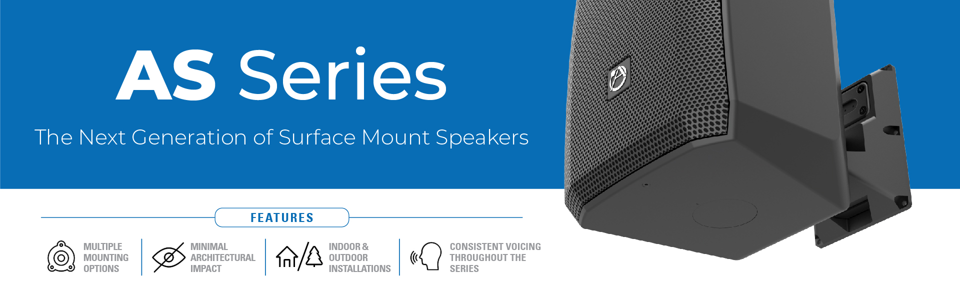 Black AS-Series surface mount speaker showing different features