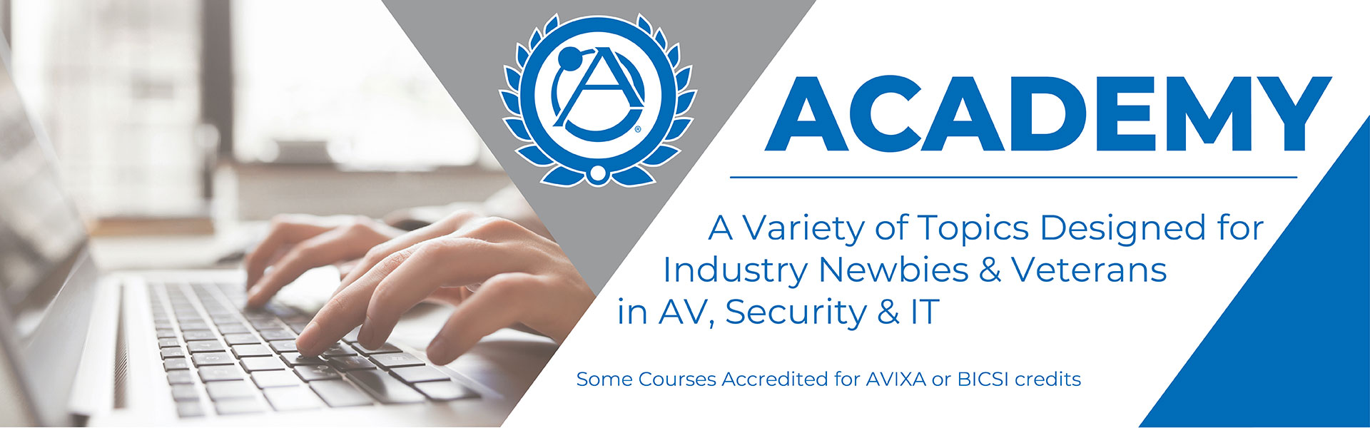 Hand using a laptop with AtlasIED Academy showing accreditation from AVIXA or BICSI