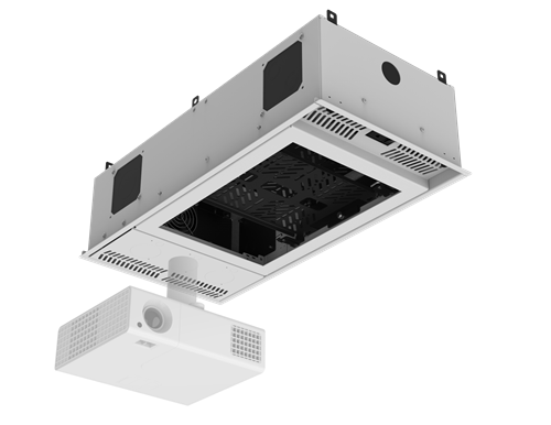 Picture of 1' x 2' Ceiling-Mount Rack with 2RU, Half-Width, AmbiTILT™ Shelf and Integrated AC Power Pack - With Projector Pole Adapter